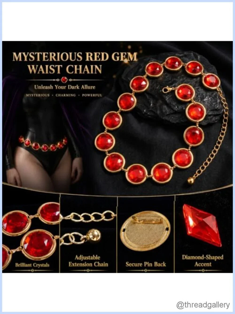 Adjustable Red Gem Chain Belt with Rhinestone Accessories for Cosplay